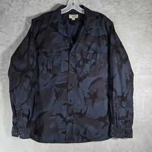 Wallace & Barnes Camo Button Up Mens Size Large L Blue Front Pockets Long Sleeve